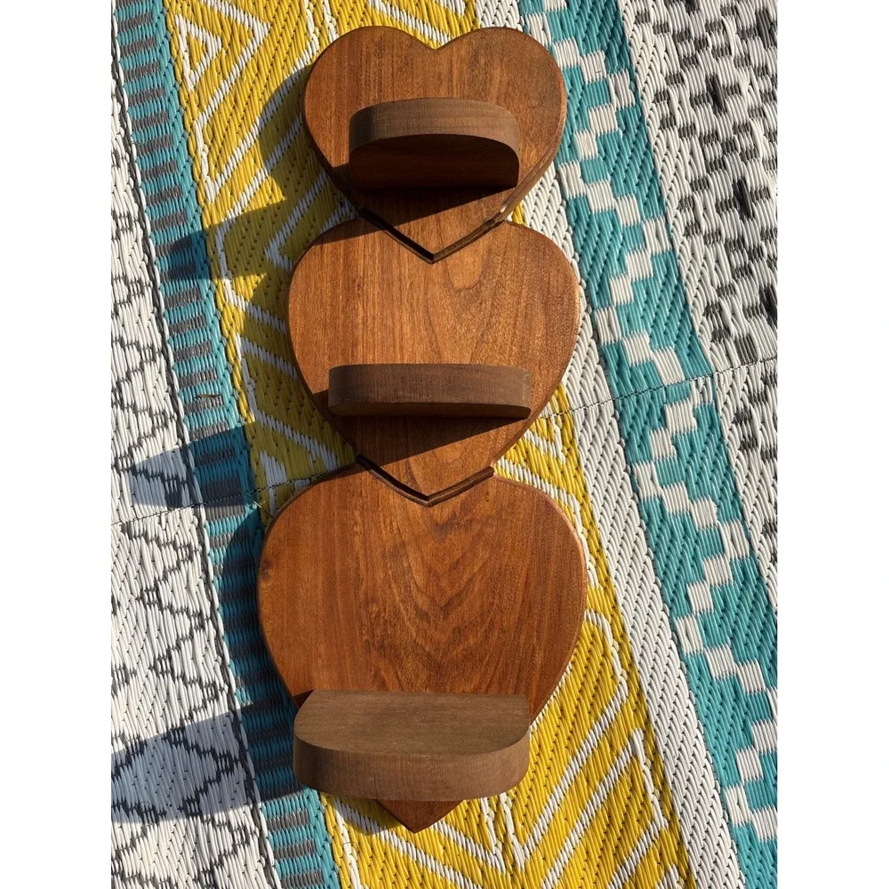 Vintage Wooden Triple Heart Wall Shelf Brown Floating Display Ledge 20 Inch